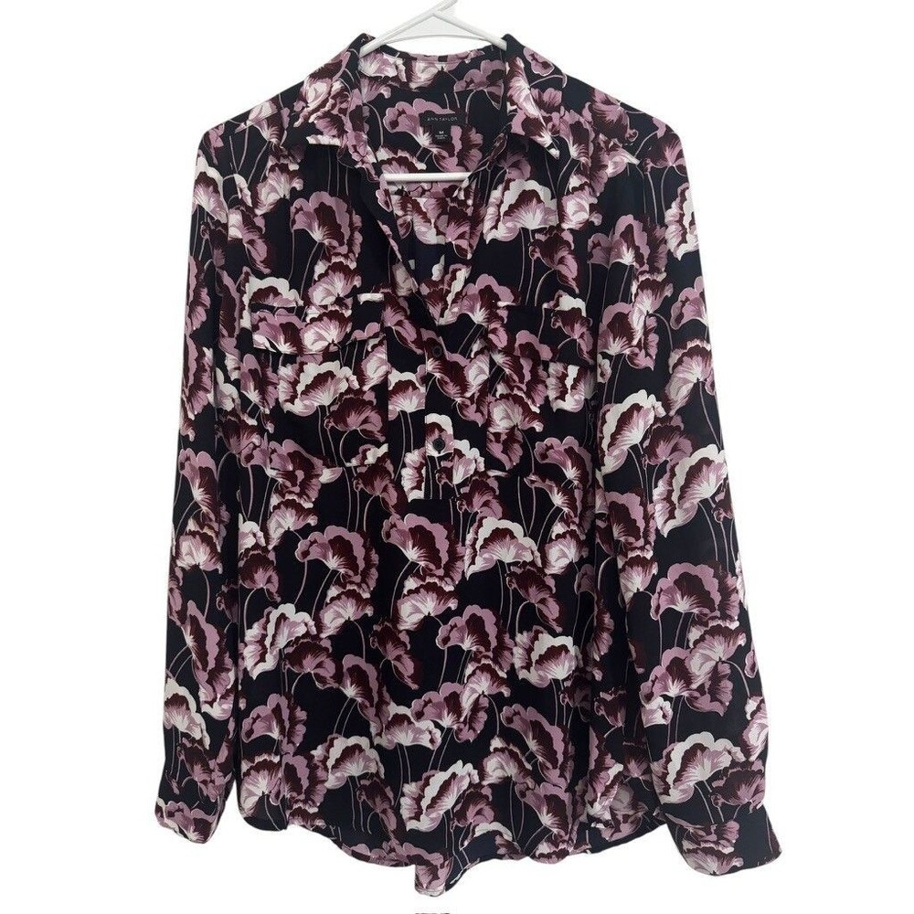 Ann Taylor Floral Women MEDIUM Paisley Blouse Burgundy Purple Long Sleeve Career